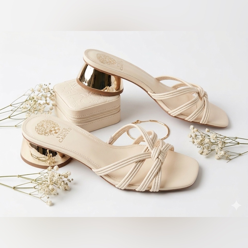 Vince Camuto beige straps slip on sandals gold round heel open toe shoes 9M NWT